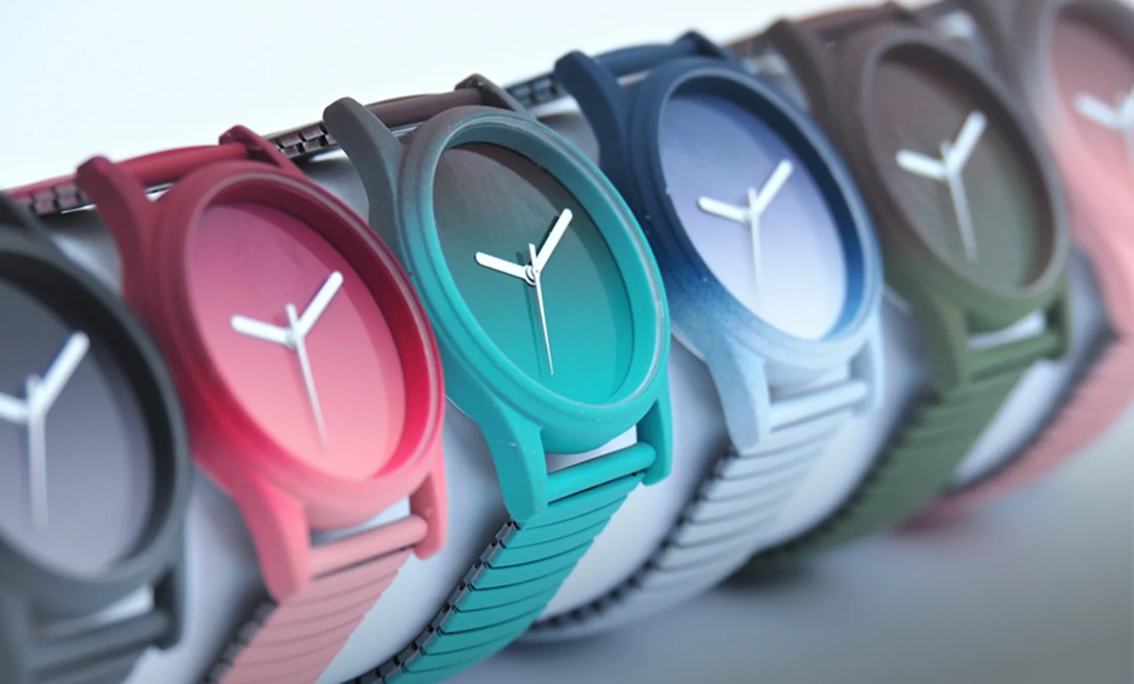 Row of colourful fashion watches with gradient dials by Better Time