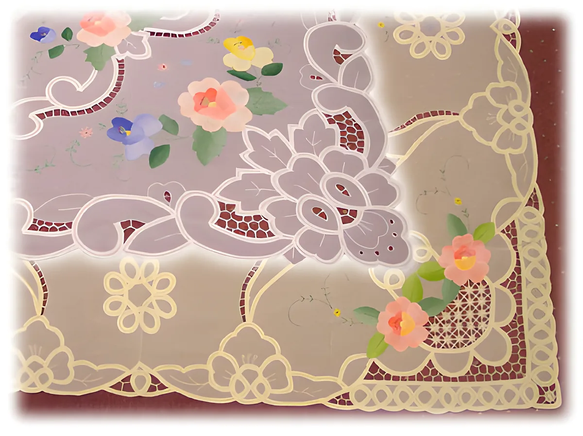Ecru tablecloth with hand cut work lace and applique roses