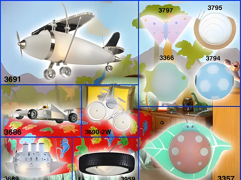 Kids collection ceiling lamps shaped like an aeroplane, butterfly and ladybird