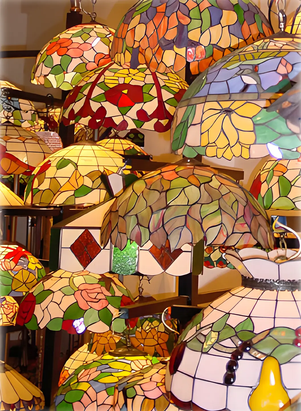 Showroom of colourful Tiffany style stained glass lamp shades